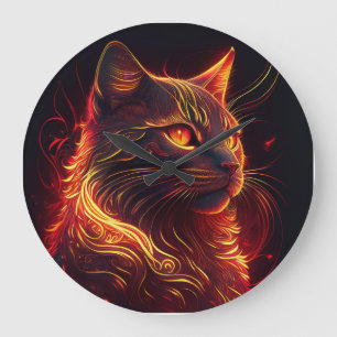 Grande Horloge Ronde Chat noir avec feu rouge et or Aura brillant