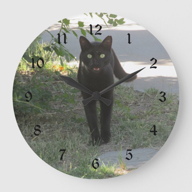 Grande Horloge Ronde Chat noir dans un jardin (Recto)