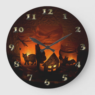 Grande Horloge Ronde Chat noir d'Halloween