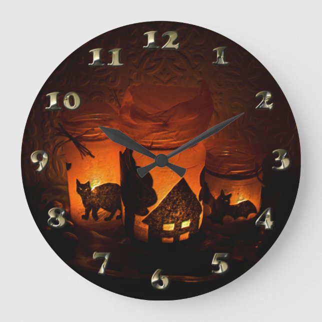 Grande Horloge Ronde Chat noir d'Halloween (Recto)