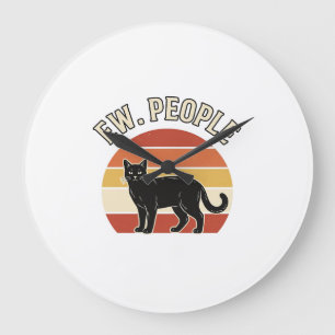 Grande Horloge Ronde Chat Noir Drôle Ew Personnes Design Rétro Vintage_