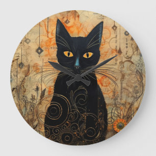 Grande Horloge Ronde Chat noir Éffrayant Halloween Cute Vintage