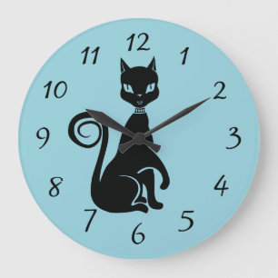 Grande Horloge Ronde Chat noir élégant avec une patte augmentée