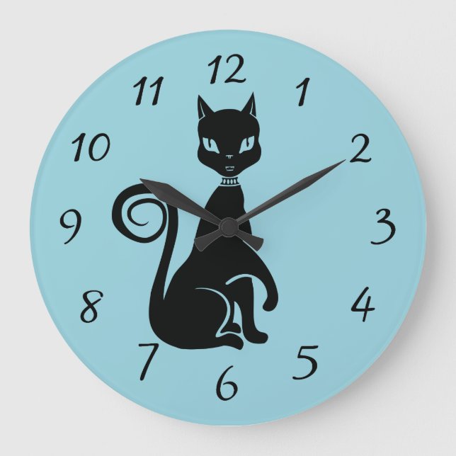 Grande Horloge Ronde Chat noir élégant avec une patte augmentée (Recto)