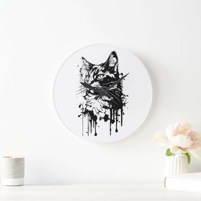 Grande Horloge Ronde Chat noir et blanc Splash  (Maison)