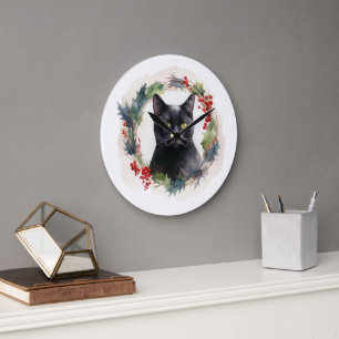 Grande Horloge Ronde Chat noir Fête de couronnes de Noël Kitten