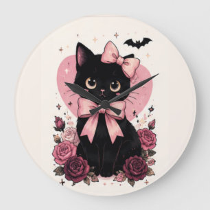 Grande Horloge Ronde Chat noir floral Rose Ruban rose