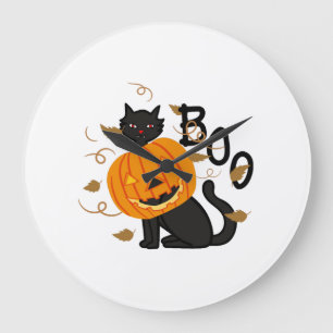 Grande Horloge Ronde Chat noir Halloween Boo