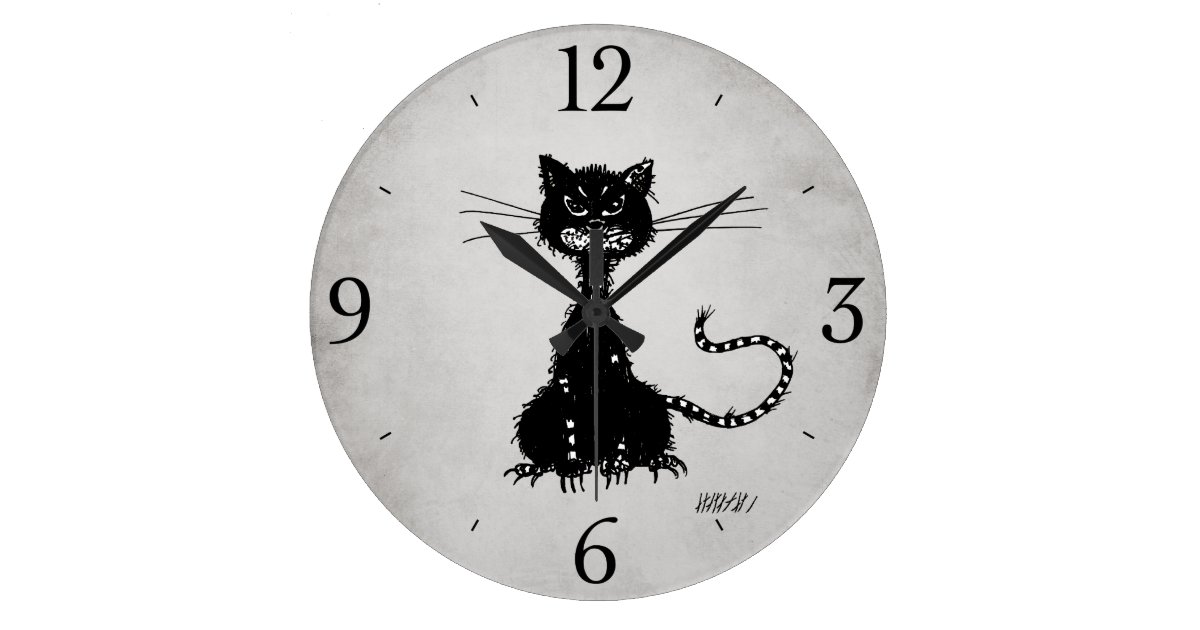 Grande Horloge Ronde Chat Noir Mauvais En Lambeaux Gris En Pierre Zazzle Fr