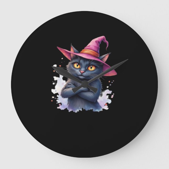 Grande Horloge Ronde Chat noir mignon en sorcier Casquette - Halloween  (Recto)
