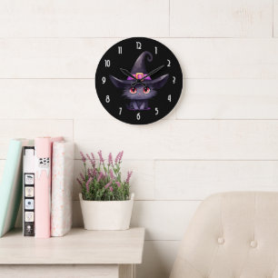 Grande Horloge Ronde Chat noir mignon portant un Casquette de sorcière