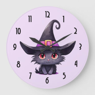 Grande Horloge Ronde Chat noir mignon portant un Casquette de sorcière