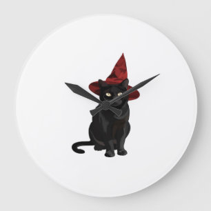 Grande Horloge Ronde Chat noir mystique avec chapeau rouge foncé T-Shir