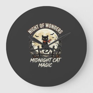 Grande Horloge Ronde Chat noir sous la lumière de la lune d'Halloween
