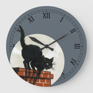 Grande Horloge Ronde Chat noir vintage au clair de lune