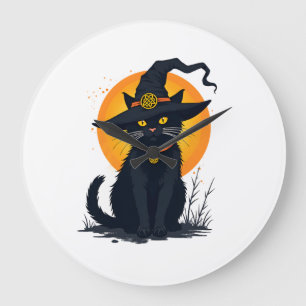 Grande Horloge Ronde Chat noir vintage effrayant avec chapeau de sorciè