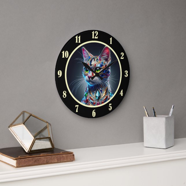 Grande Horloge Ronde Chat Paré de Pierreries (Bureau)