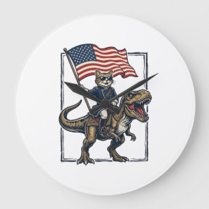 Grande Horloge Ronde Chat Patriotique à Cheval sur un Dinosaure Design