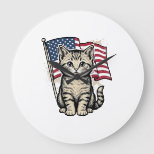 Grande Horloge Ronde Chat patriotique avec drapeau américain vecteur vi