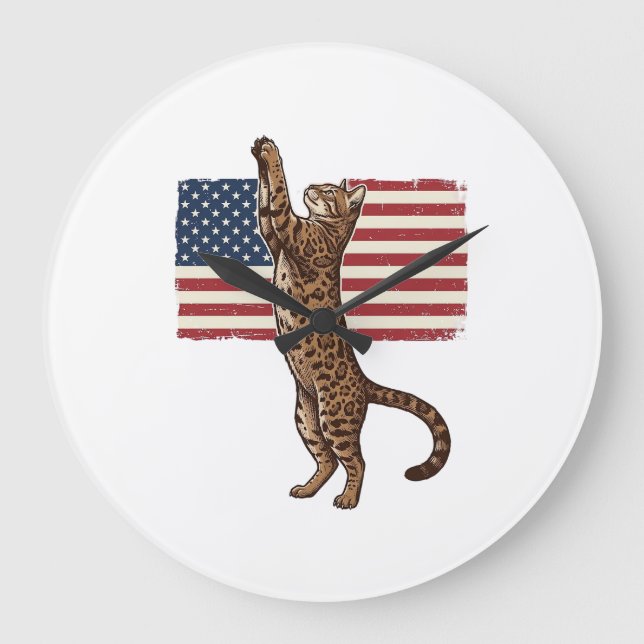 Grande Horloge Ronde Chat patriotique Drapeau américain Design vectorie (Recto)
