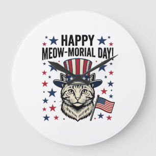 Grande Horloge Ronde Chat Patriotique Meow-morial Day Conception Vector
