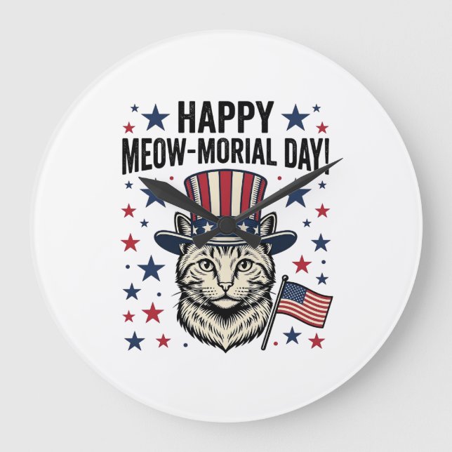 Grande Horloge Ronde Chat Patriotique Meow-morial Day Conception Vector (Recto)