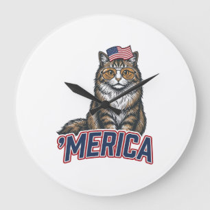 Grande Horloge Ronde Chat Patriotique Merica Gravure Vintage Design de 