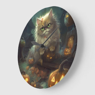 Grande Horloge Ronde Chat perse d'Halloween avec effroi Citrouille