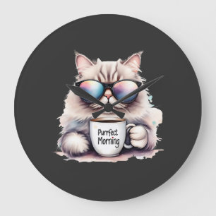 Grande Horloge Ronde chat portant des lunettes de soleil et tenant une