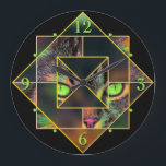 Grande Horloge Ronde Chat pour animal de compagnie Diamond Pop Art Inte<br><div class="desc">Unique losange entrelacé,  triangle chatte pop art coloré avec des numéros d'horloge. Les yeux verts et le nez rose montrent à travers cette conception de masque géométrique funky.</div>