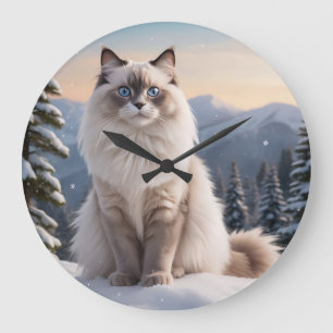 Grande Horloge Ronde Chat Ragdoll sur la montagne de neige avec un hive
