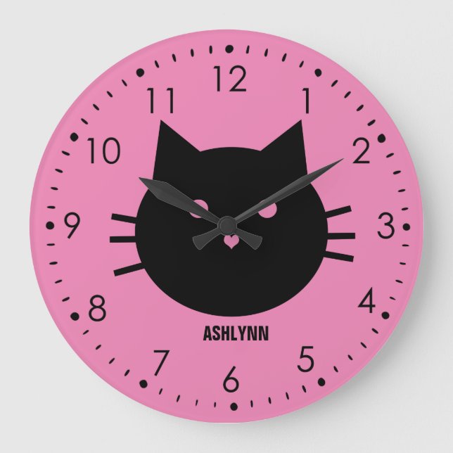 Grande Horloge Ronde Chat rose mignon personnalisé (Recto)