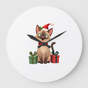 Grande Horloge Ronde Chat siamois Noël Vacances Père Noël Chat siamois