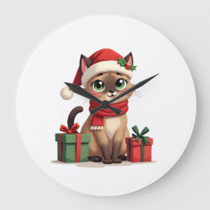Grande Horloge Ronde Chat siamois Noël Vacances Santa Chat siamois Noël