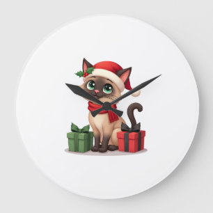 Grande Horloge Ronde Chat siamois Noël Vacances Santa Chat siamois Noël