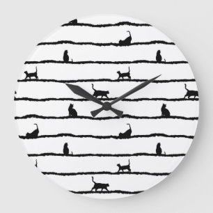 Grande Horloge Ronde Chat Silhouette rayures Abstrait main tiré Motif