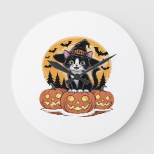Grande Horloge Ronde Chat Smoking Élégant Halloween Sorcière Citrouille