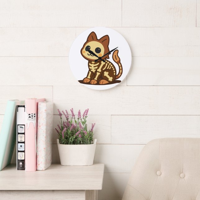 Grande Horloge Ronde Chat squelette effrayant  (Salle de lecture)