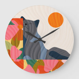 Grande Horloge Ronde Chat Sunny Garden