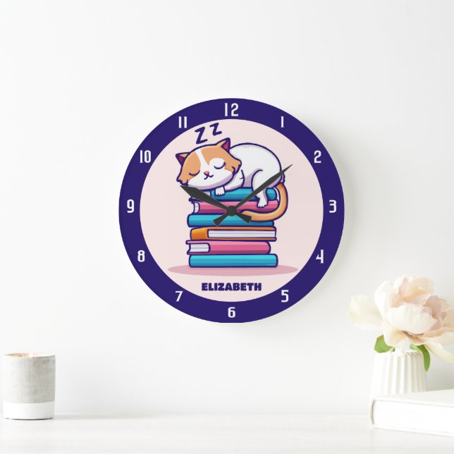 Grande Horloge Ronde Chat sur une pile de livres Cute Personnalisé Litt (Maison)