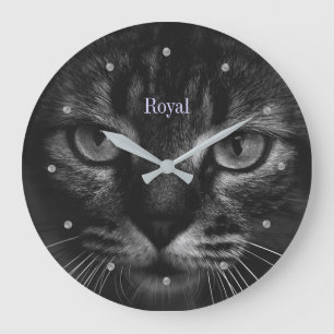 Grande Horloge Ronde Chat tigré élégant sur des lunettes grises argenté