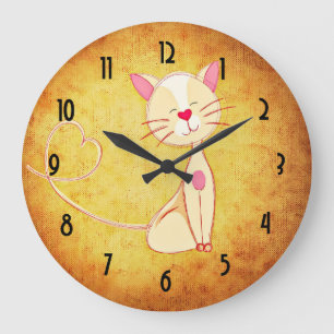 Grande Horloge Ronde Chat très heureux avec une queue de coeur