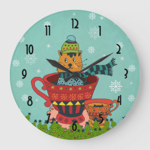 Grande Horloge Ronde Chat Whimsical assis dans un thé Noël