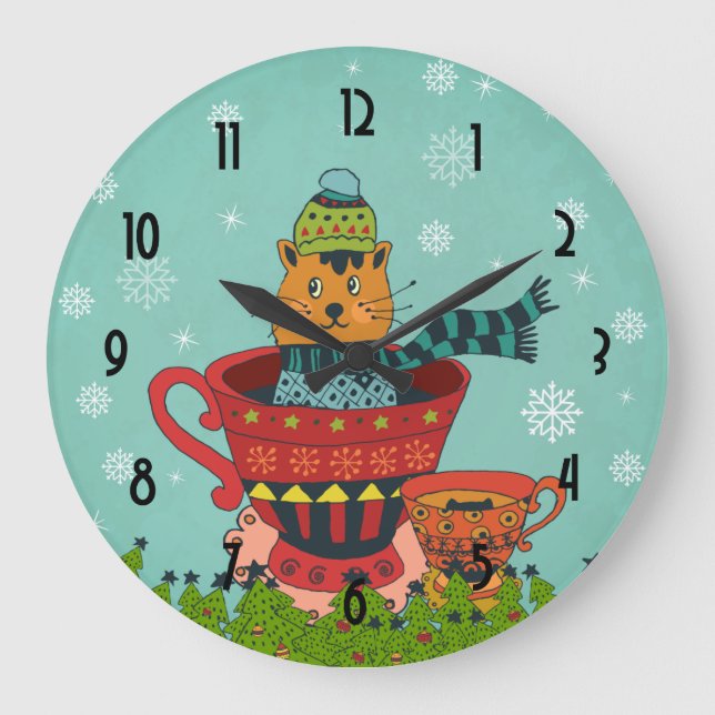 Grande Horloge Ronde Chat Whimsical assis dans un thé Noël (Recto)