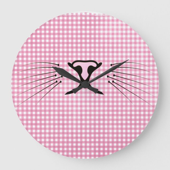 Grande Horloge Ronde Chat Whiskers sur En vichy rose et blanc (Recto)