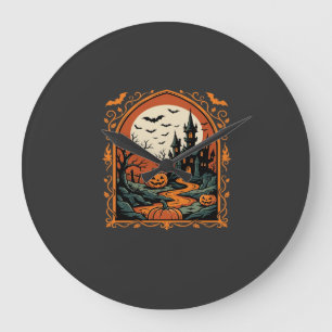 Grande Horloge Ronde Château Hanté Halloween Citrouille Lune Vector Art
