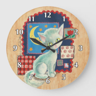 Grande Horloge Ronde Chaton et patchwork blancs mignons