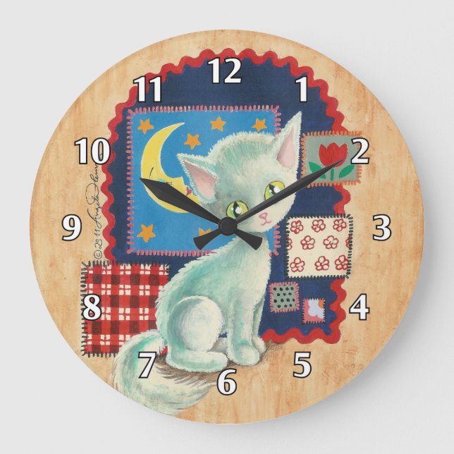 Grande Horloge Ronde Chaton et patchwork blancs mignons (Recto)