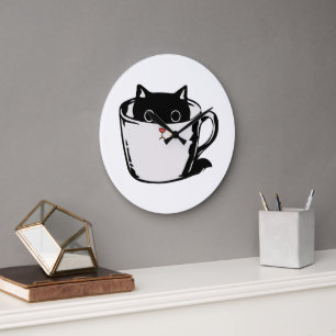 Grande Horloge Ronde Chaton noir avec un nez rouge se cachant dans une