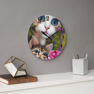 Grande Horloge Ronde Chatons adorables 8